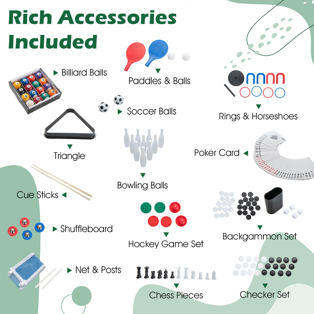 12-in-1 Combo Game Table Set accessories including billiard balls, paddles, and poker cards for versatile gaming fun.