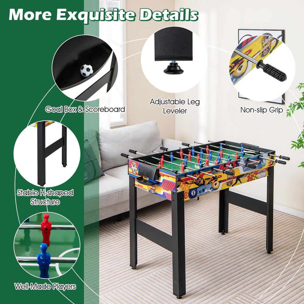 Foosball table from the 12-in-1 Combo Game Table Set with adjustable leg levelers and non-slip grips for stability.