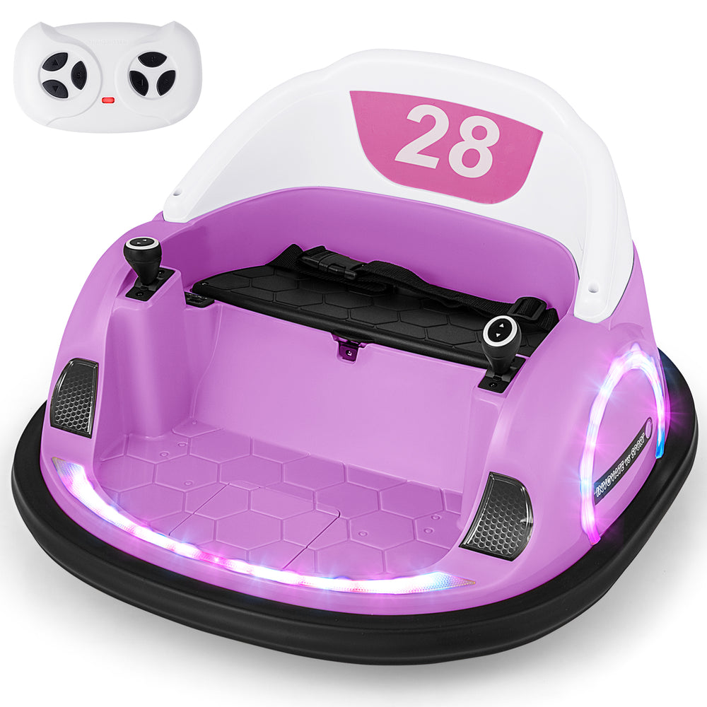 Pink 12V ride-on bumper car for toddlers, showcasing the front view with remote control and colorful lights for fun.