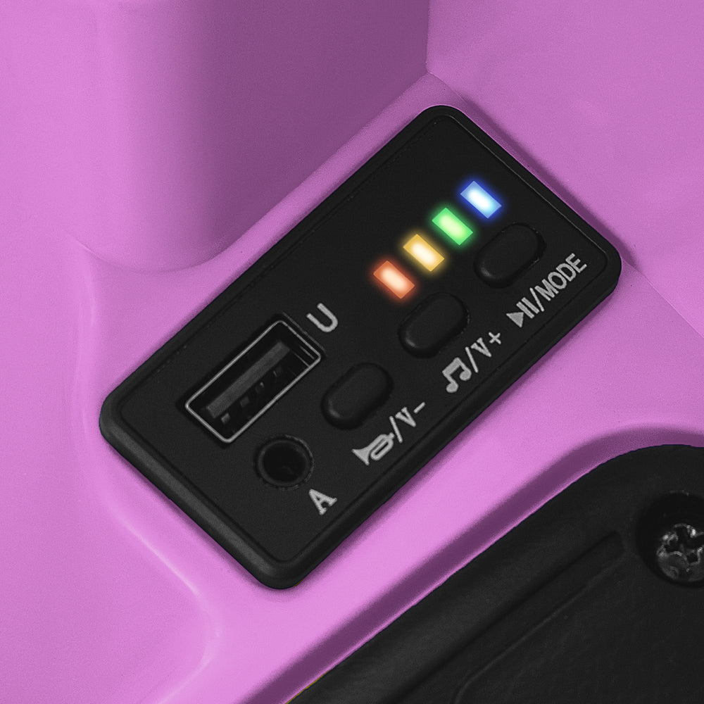 Media control panel of the pink 12V ride-on bumper car with USB/AUX port and battery indicators for toddlers.