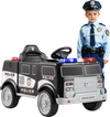 Battery-powered black police vehicle with realistic features, remote control, and fun accessories for kids'.