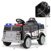 Battery-powered electric police vehicle in black with realistic features, remote control, and multifunctional panel for.