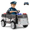 Battery-powered electric police vehicle in black with remote control, lights, and realistic driving features for kids.