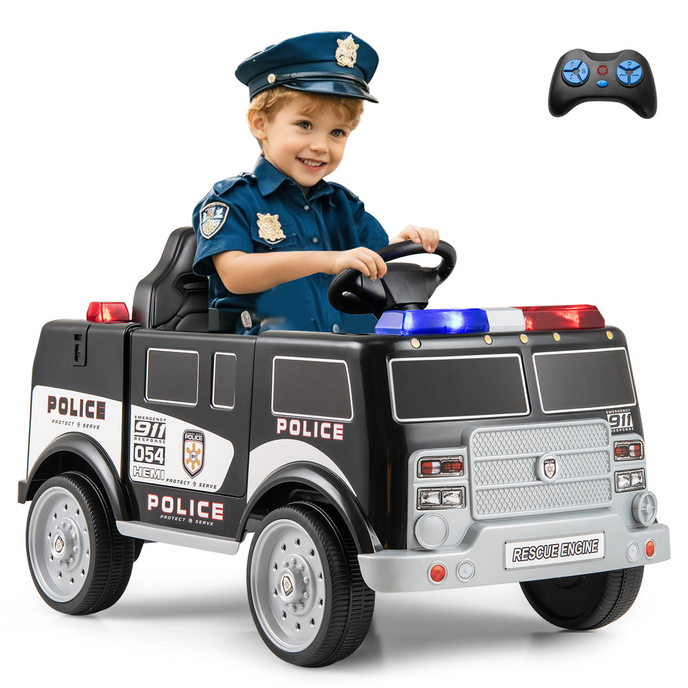 Battery-powered electric police vehicle in black with remote control, lights, and realistic driving features for kids.