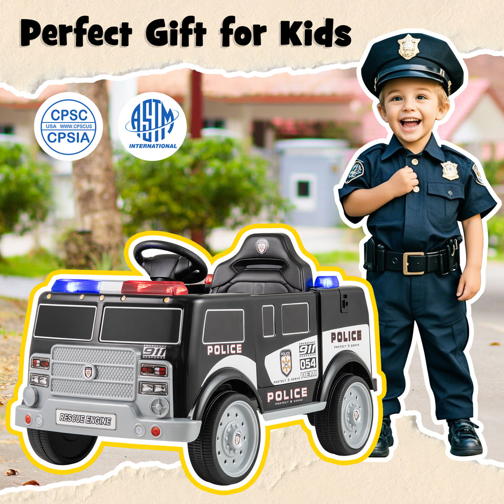 Battery-powered electric police vehicle in black with realistic controls, lights, and megaphone for kids' fun.