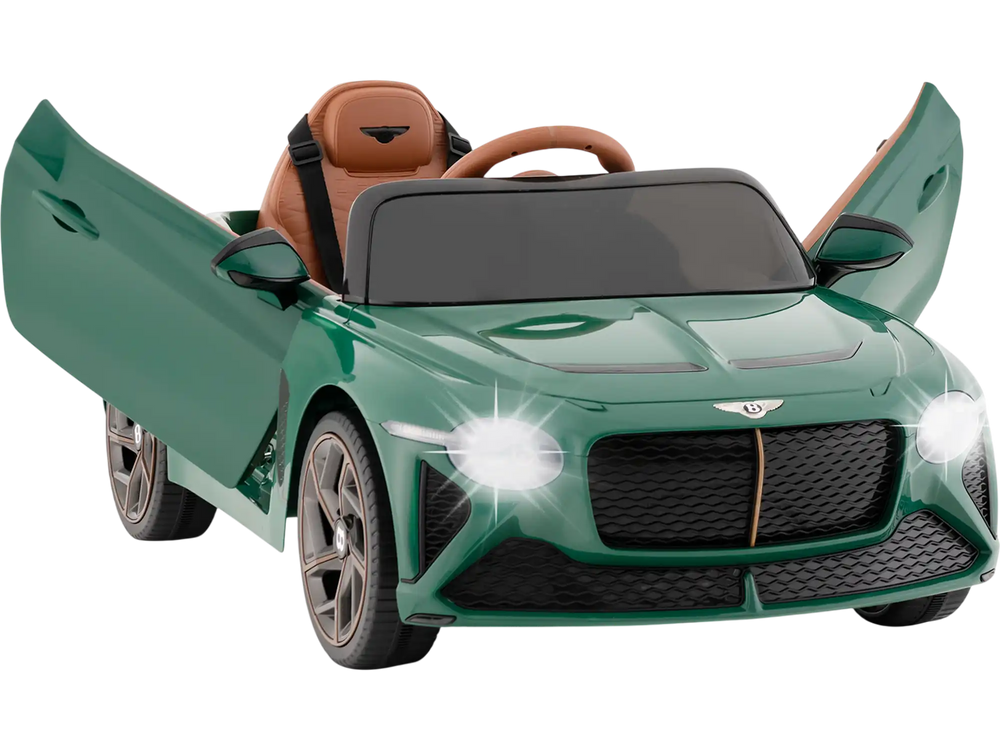 Green licensed Bentley Bacalar kids ride-on car with open doors, LED lights, and parent control mode for safe driving.