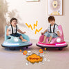 Kids ride-on bumper cars in blue and pink with dual joysticks, featuring 360° wheels and safety belts for fun play.