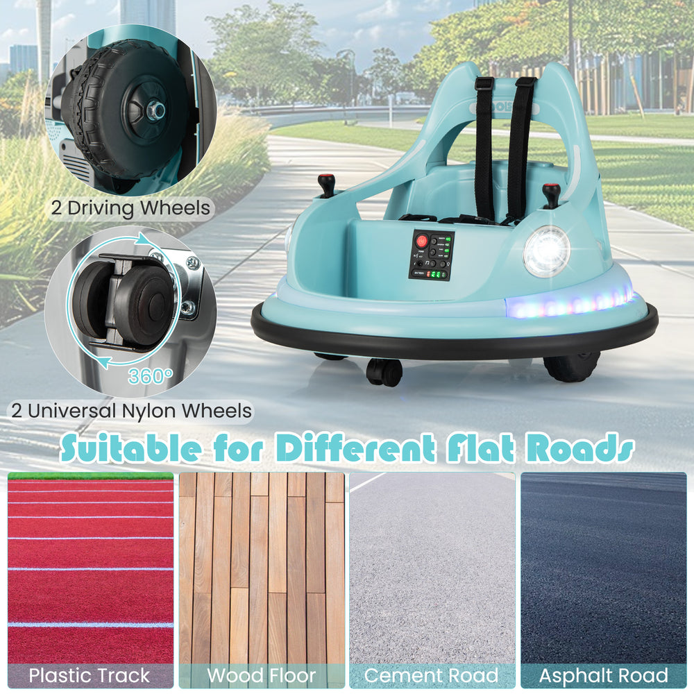 Kids ride-on bumper car in blue with dual joysticks, suitable for wood, cement, and asphalt roads for safe fun.