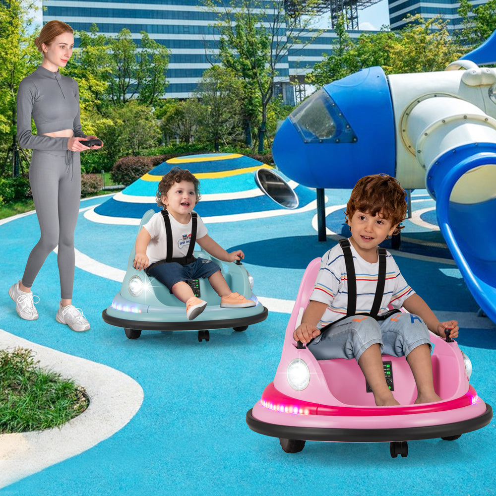 Kids ride on bumper cars in blue and pink with remote control, featuring 360° wheels for fun spinning on flat surfaces.