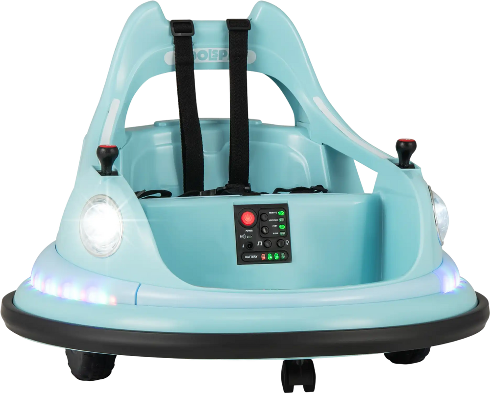 Kids ride-on bumper car in blue with dual joysticks, remote control, and 360° spinning wheels for fun and safety.