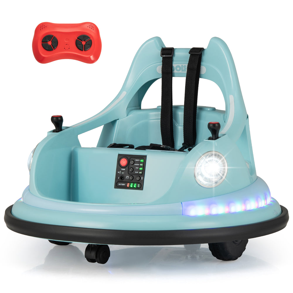 Kids ride-on bumper car in blue with remote control, dual joysticks, and 360° wheels for fun spinning adventures.