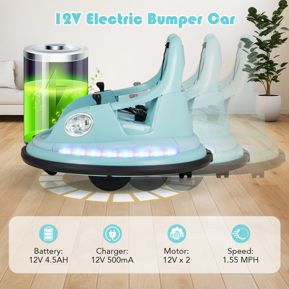 12V kids ride-on bumper car in blue with dual joysticks, 360° wheels, and safety features for fun indoor play.