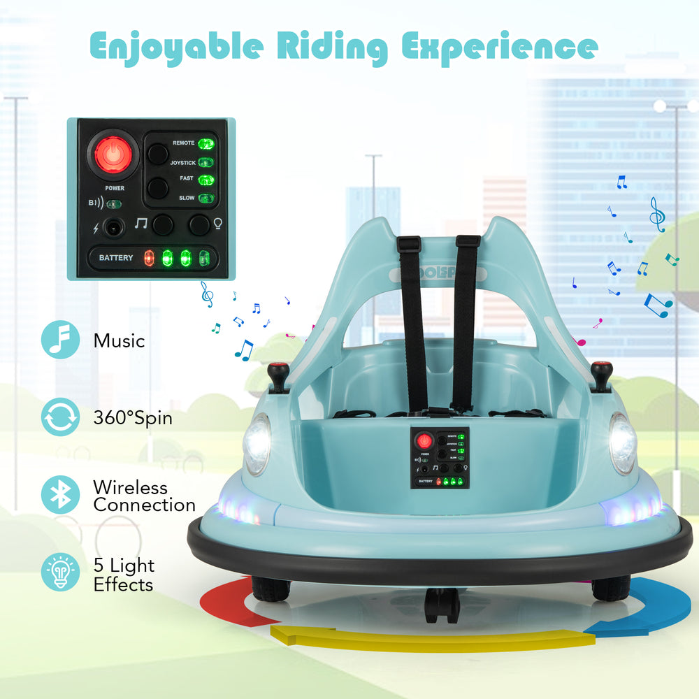 Blue 12V kids ride-on bumper car with dual joysticks, 360° spin, remote control, and 5 light effects for fun driving.