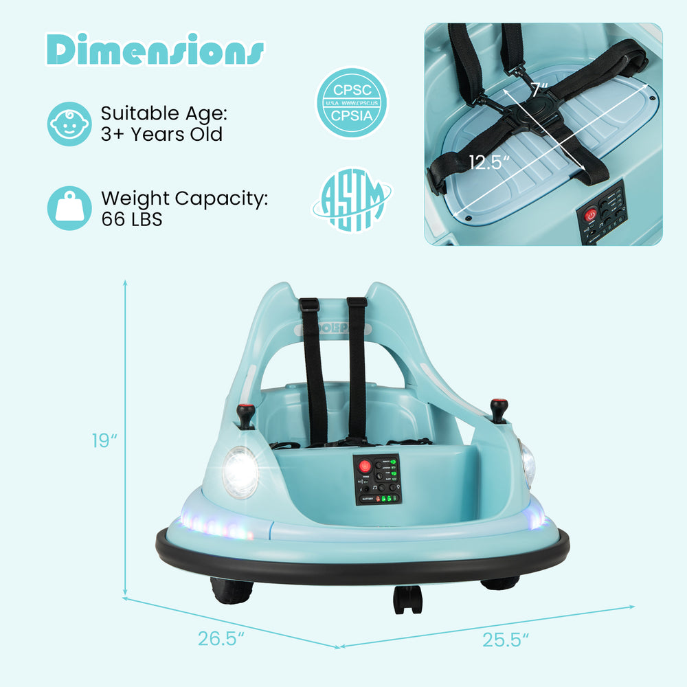 Kids ride-on bumper car in blue with remote control, 5-point safety belt, and 360° rotatable wheels for fun driving.