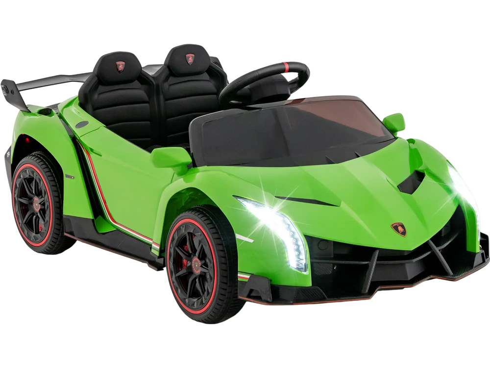 Side view of the green 12V Lamborghini kids ride-on sports car, highlighting the sleek design and sporty rear spoiler.