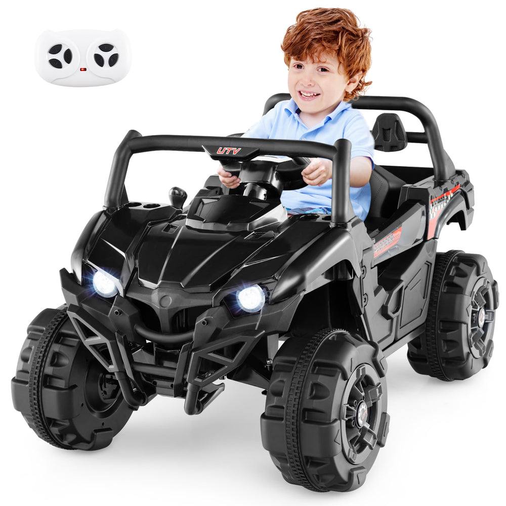Black 12V battery-powered electric vehicle for kids with remote control, adjustable seat, and LED headlights for safe.