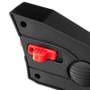 Close-up of the black steering wheel control with red buttons for a 12V battery-powered electric vehicle for kids.