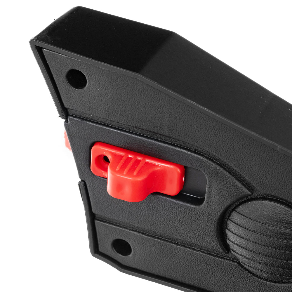 Close-up of the black steering wheel control with red buttons for a 12V battery-powered electric vehicle for kids.
