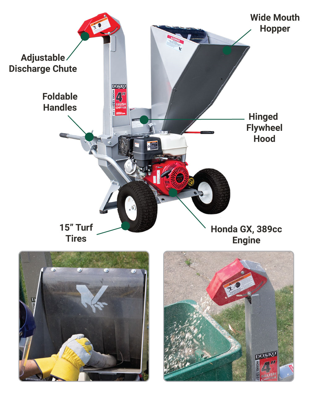 Dosko 13-21T-13H Brush Chipper 4" Chip Capacity and 13" x 19" Hopper Capacity with Honda GX390 Engine 389cc 13HP New