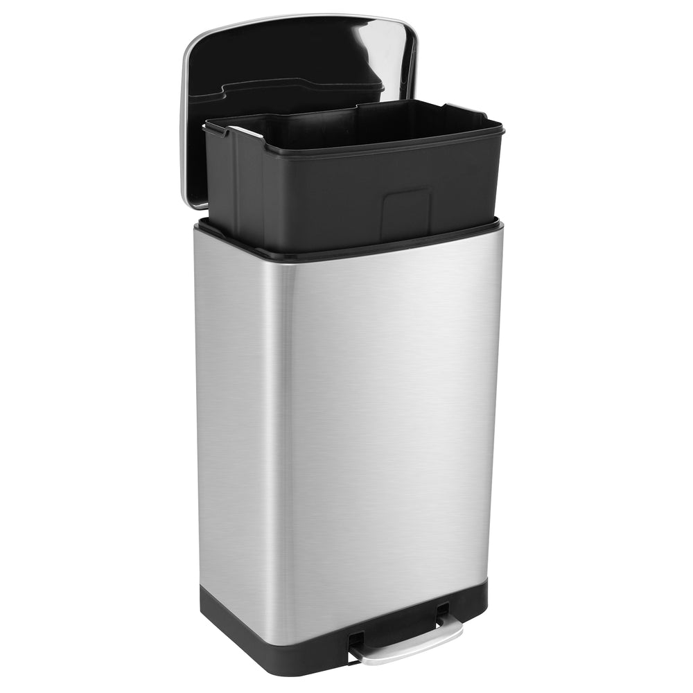 Stainless steel 13.2 gal trash can with lock device, soft closing lid, and anti-fingerprint finish for easy waste.