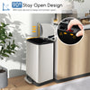 Stainless steel 13.2 gal trash can with 90° stay open design and lock device, ideal for easy waste disposal.