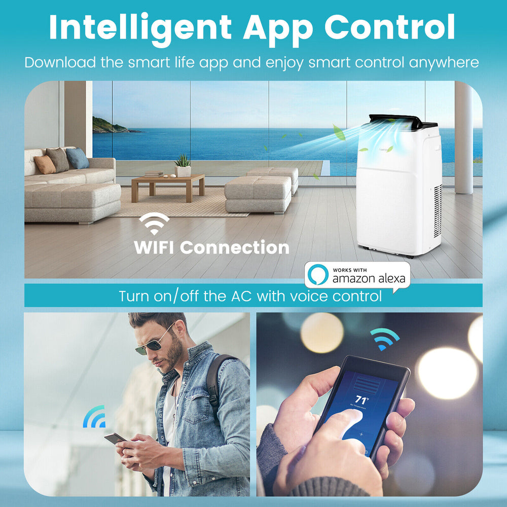 13000 BTU portable air conditioner in white with app control, remote, and adjustable air supply for versatile cooling.