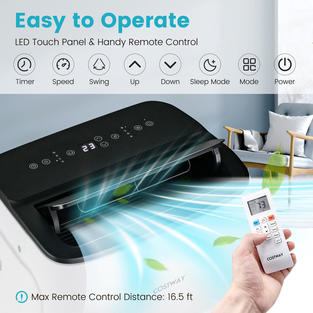 13000 BTU portable air conditioner with remote control, featuring LED touch panel and adjustable air supply direction.