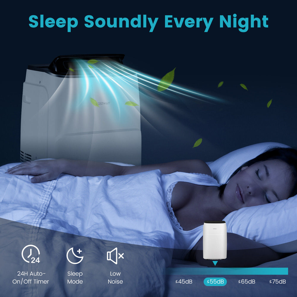 13000 BTU portable air conditioner in white with quiet sleep mode, adjustable air supply, and remote control for easy.