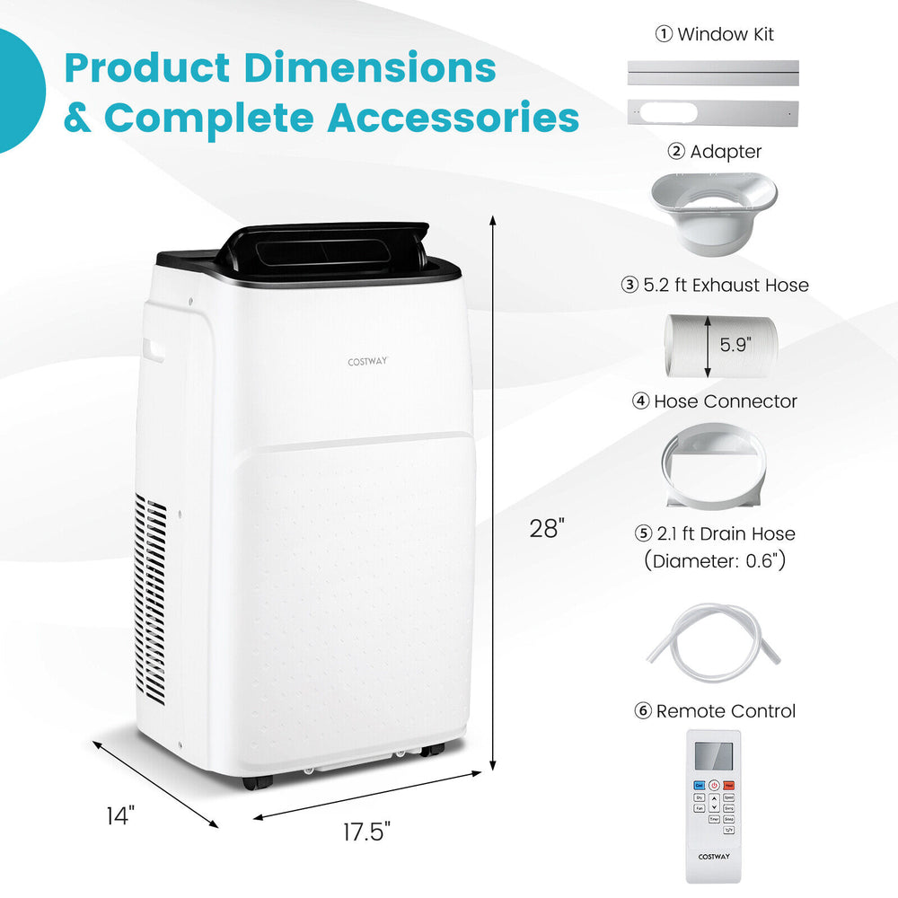 13000 BTU portable air conditioner with remote control, 4-in-1 design, and adjustable window kit for versatile use.