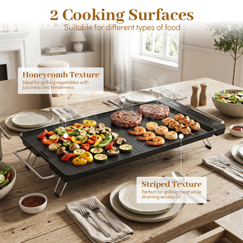 Indoor electric grill showcasing honeycomb and striped textures for versatile cooking, perfect for family dinners and.