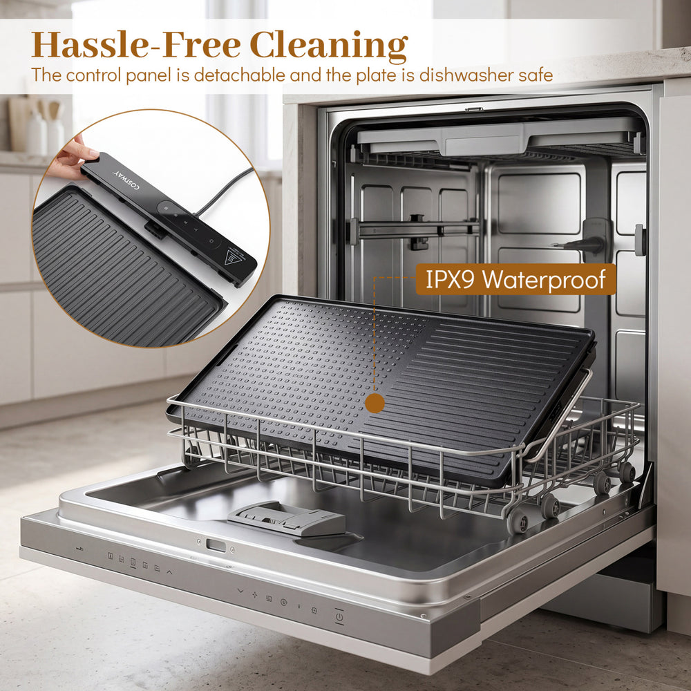 Indoor electric grill with removable touch panel, dishwasher-safe plate, and IPX9 waterproof design for easy cleaning.
