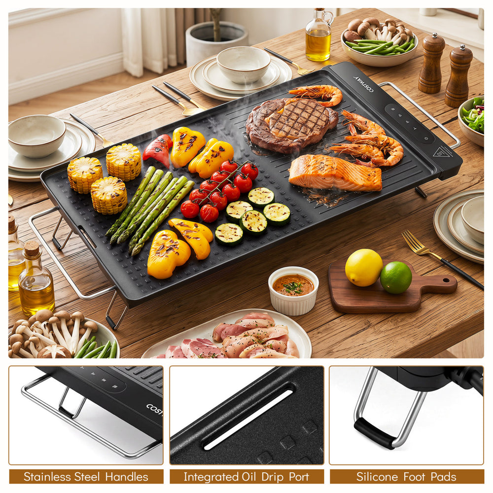 Indoor electric grill with removable touch panel, stainless steel handles, and integrated oil drip port for easy.