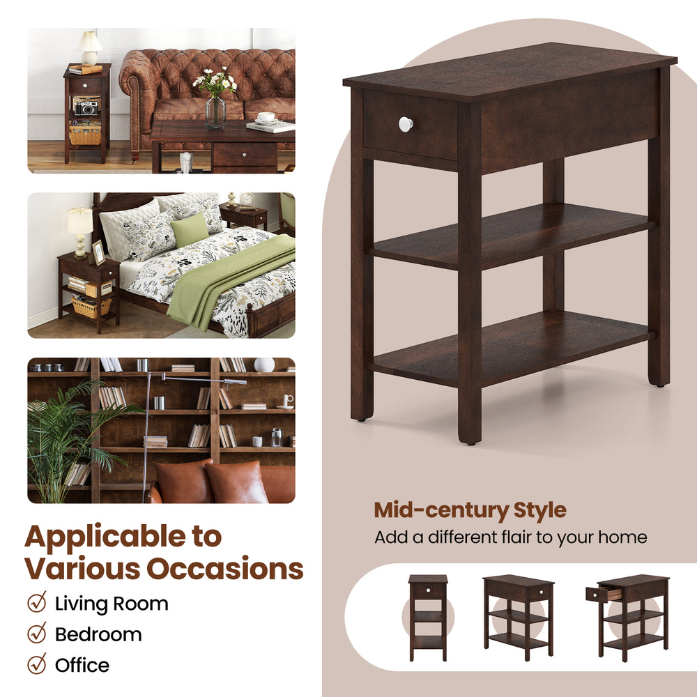 3-tier narrow end table in walnut with drawer and storage shelves, perfect for small spaces in living rooms or offices.