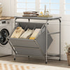 3-section gray laundry sorter with foldable ironing board and lockable wheels for easy clothes organization.