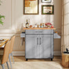 Rolling kitchen island cart in gray with spacious countertop, adjustable shelf, and towel/spice racks for organized.