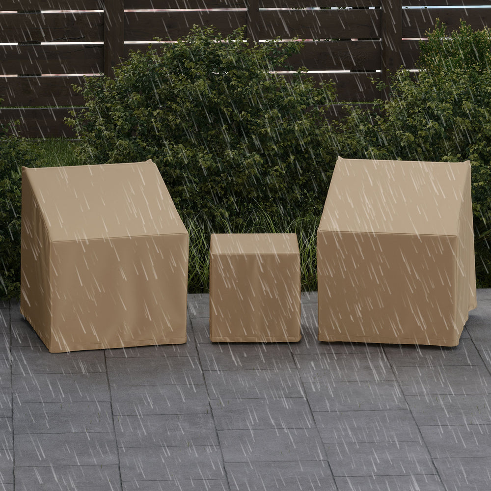 Waterproof beige patio furniture covers for a 3-piece bistro set, designed for full coverage and durability.