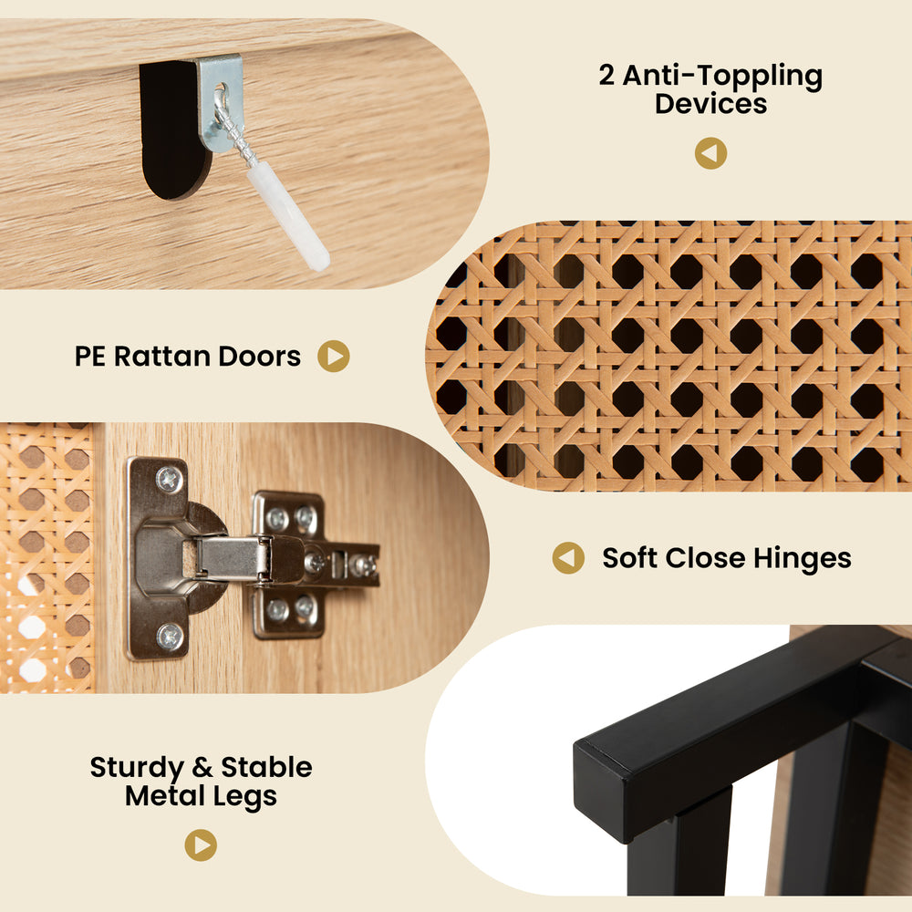 Close-up of PE rattan doors and soft-close hinges on a 50-inch buffet sideboard cabinet for stylish storage.
