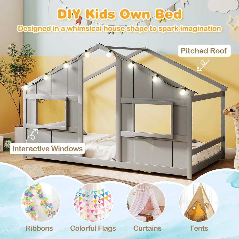 Twin size house bed in grey with a pitched roof, designed for fun play and cozy sleep, featuring LED lights and.