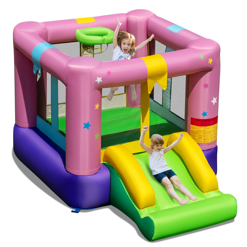 Colorful inflatable bounce house with slide and basketball hoop, made of durable 420D oxford cloth for outdoor fun.