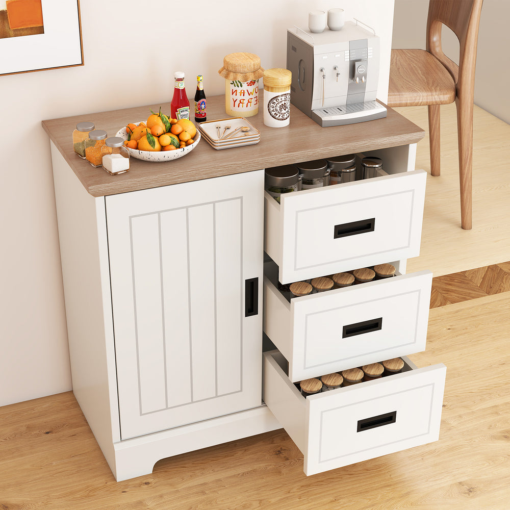 Farmhouse sideboard buffet cabinet in white with sliding doors and three drawers, ideal for kitchen or dining room.