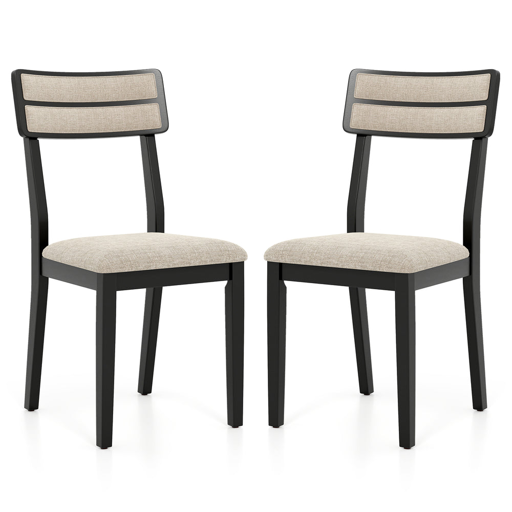 Set of 2 modern dining chairs with black rubber-wood legs and beige linen-feel fabric, ideal for dining rooms.