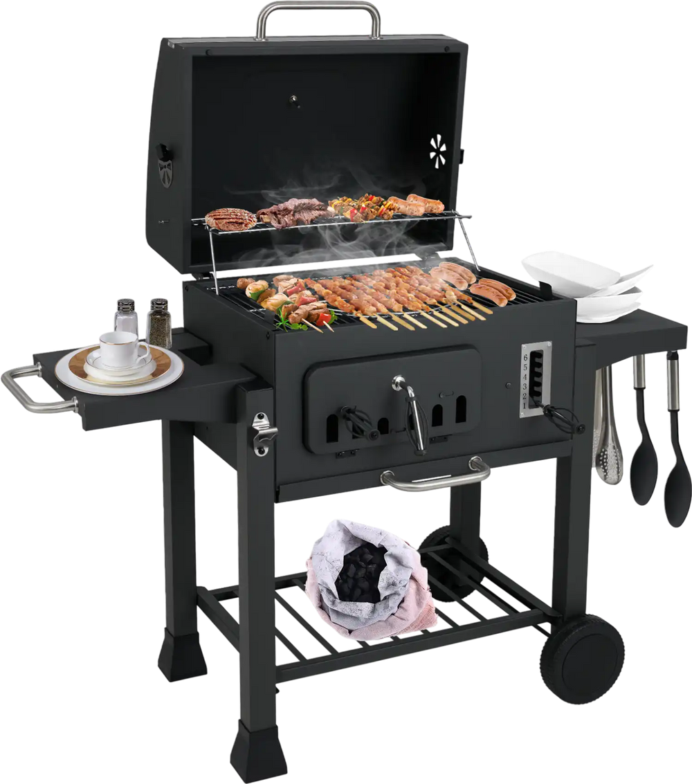 24-Inch Barrel Charcoal Grill with 2 Folding Side Tables and 544 sq.in Cooking Area