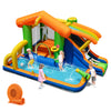 Colorful 8-in-1 jumping castle with slide and pool, featuring climbing wall, water cannon, and games for outdoor fun.