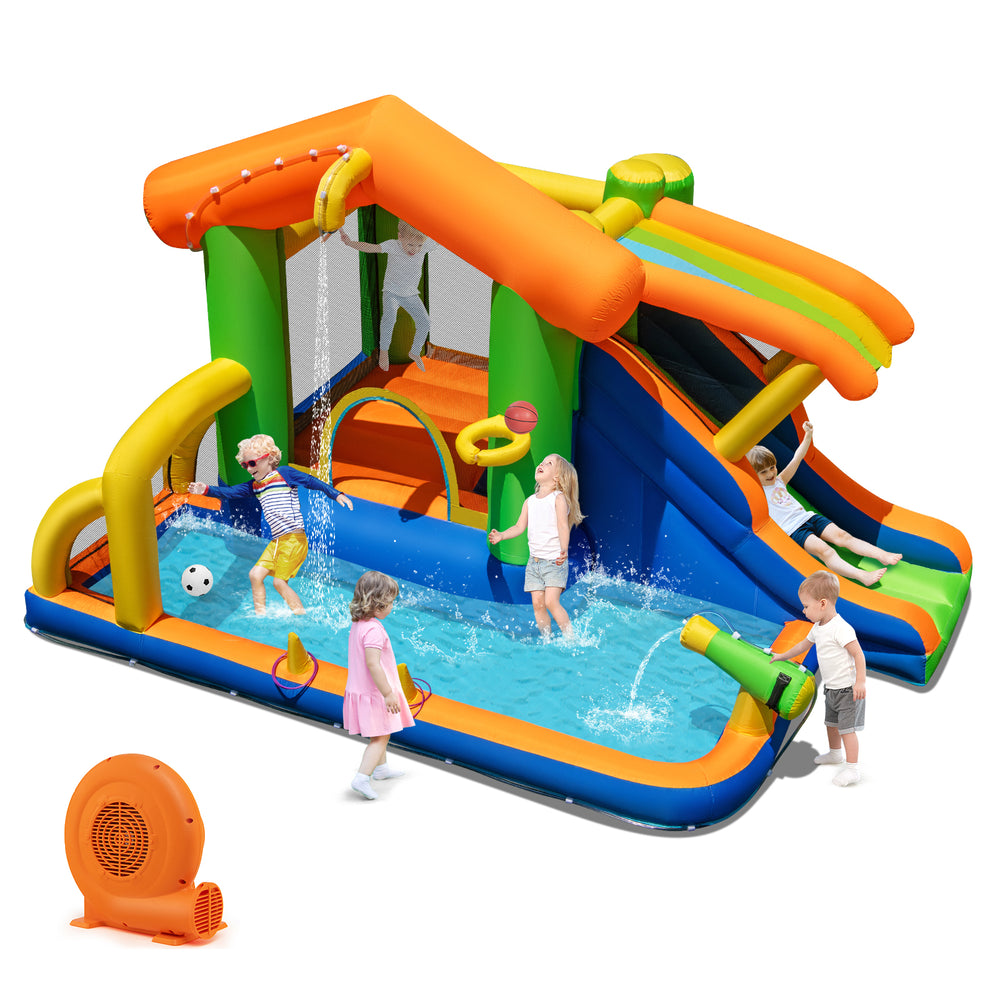 Colorful 8-in-1 jumping castle with slide and pool, featuring climbing wall, water cannon, and games for outdoor fun.