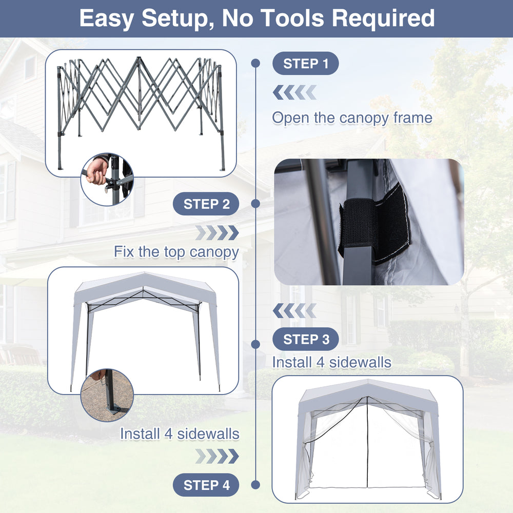 Pop up canopy tent with 4 sidewalls and mesh netting, featuring easy setup and UPF50+ sun protection for outdoor events.