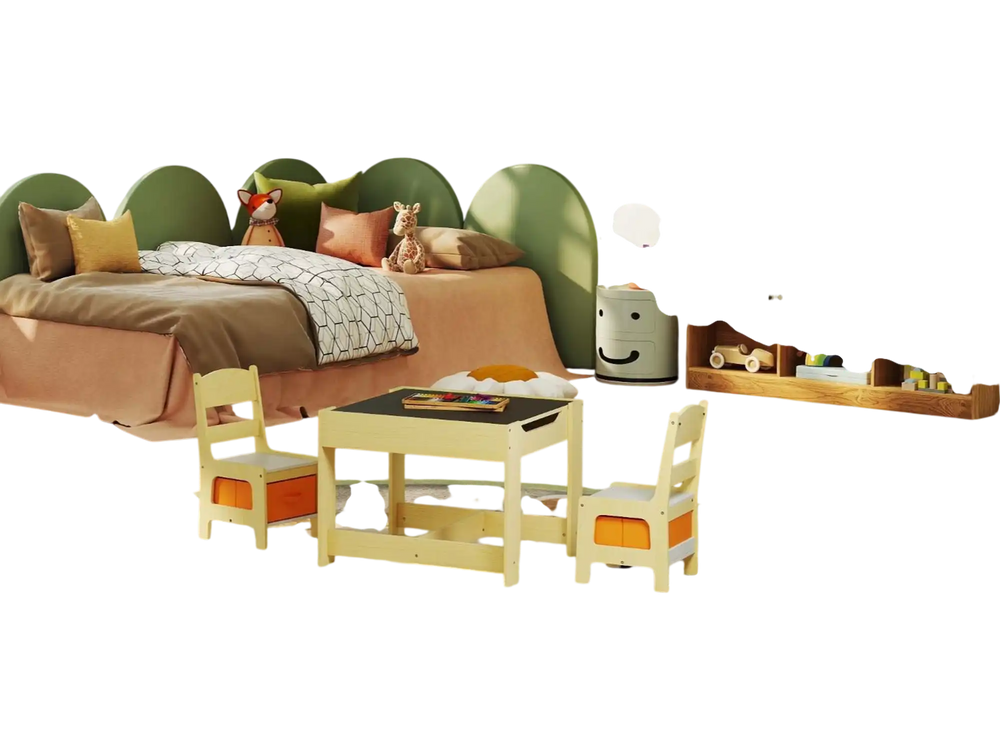 3-IN-1 Kids Furniture: Kids Table Chairs Set + Bookshelf + White Play Kitchen Sets