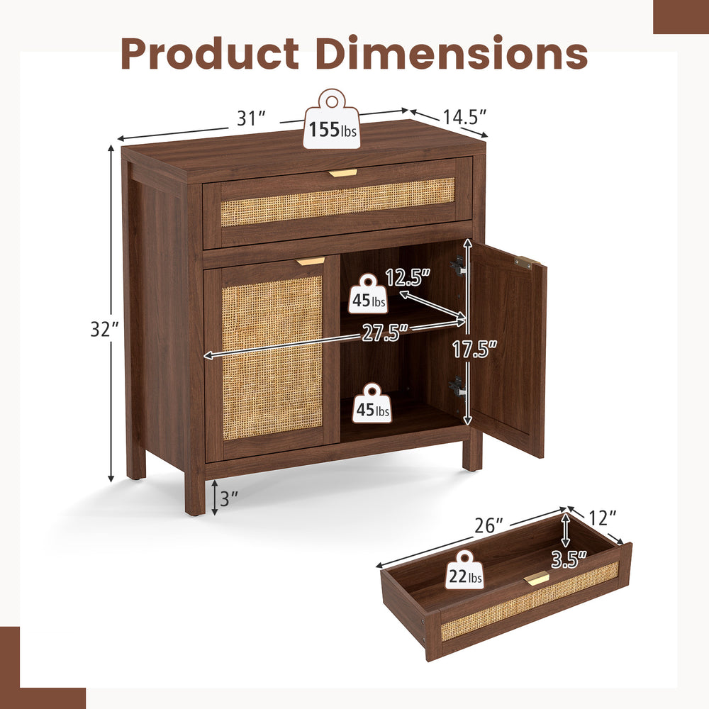 Sideboard storage cabinet with rattan doors, featuring a large drawer and adjustable shelf for versatile organization.