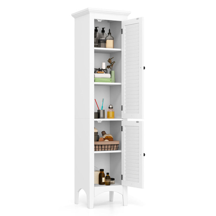 Tall bathroom cabinet with shutter doors and adjustable shelf, perfect for space-saving storage in small areas.