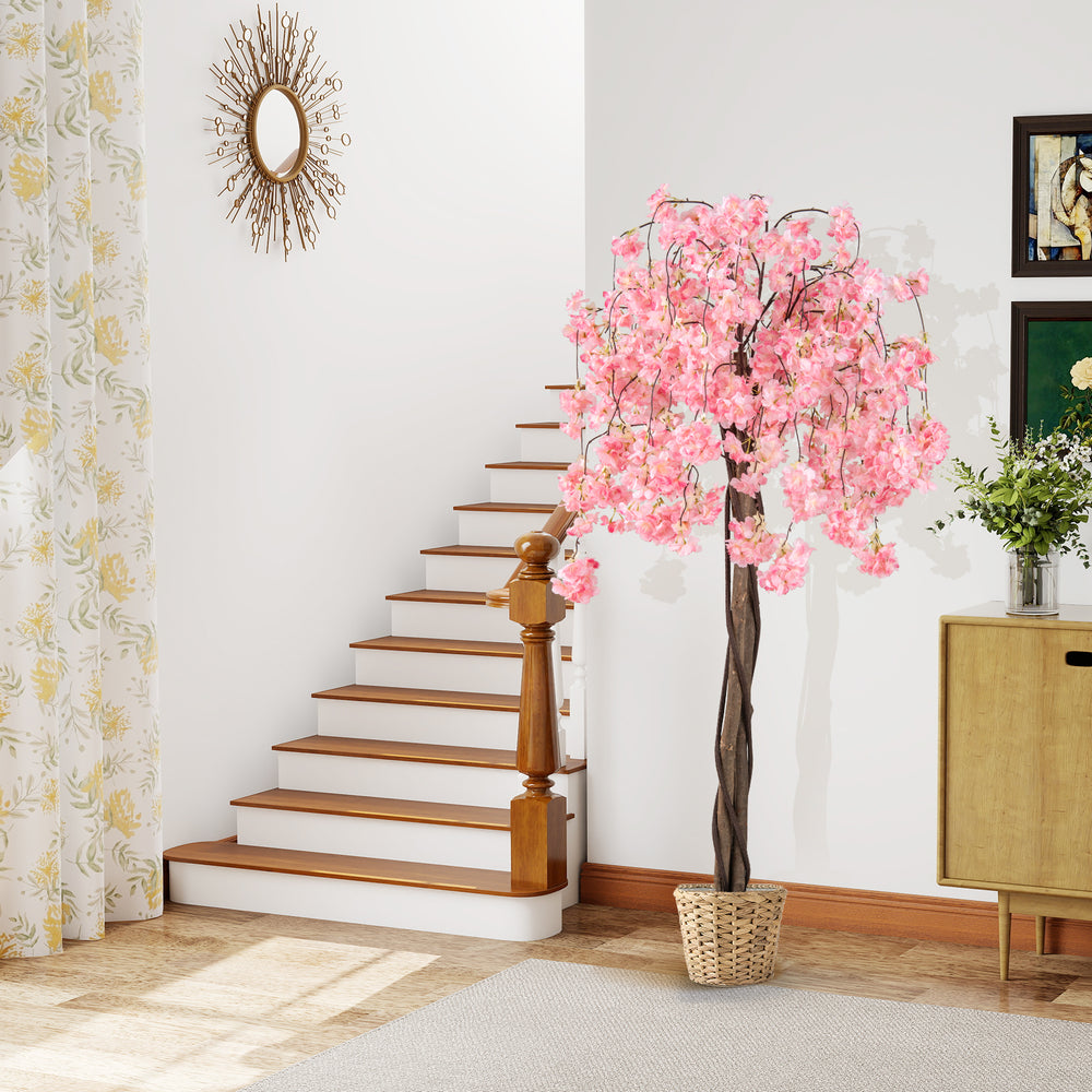 5.5 FT tall artificial cherry blossom tree with pink flowers in a stable pot, perfect for home or office decoration.