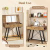 Vanity desk with flip top mirror in rustic brown, featuring storage compartments and a sturdy metal frame for dual use.